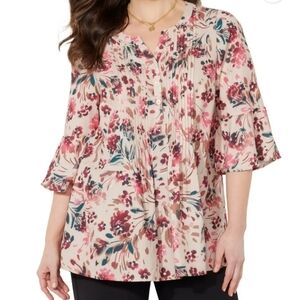 Catherine's Georgette Pintuck Blouse Size 3X Floral Flare Sleeve Lightweight Top
